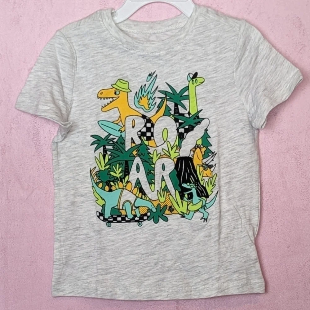 Old Navy Roar Dinosaur Light Gray Short Sleeve Graphic Tee size 3T